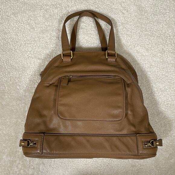Talbots Tan Leather Satchel Handbag Large Pebbled Multi Zip Compartments NWOT - Picture 2 of 11